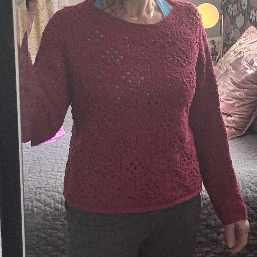 LOFT Open-Knit Crewneck Sweater in Burgundy